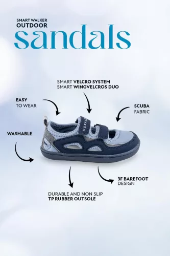 HOPFRÖG Barefoot BioVegán-bőr és textil quick-dry szandál, nyitott cipő (24-32 méretekben) (27-es méret) | HOPFRÖG SMART WALKER OUTDOOR SANDAL BLUE DUO BAREFOOT SANDAL